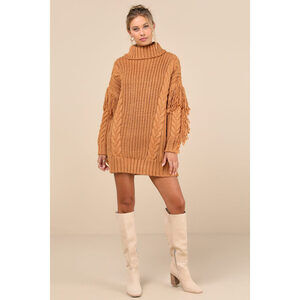 Lulus Coziest Heart Tan Oversized Cable Knit Fringe Sweater Mini Dress Brown